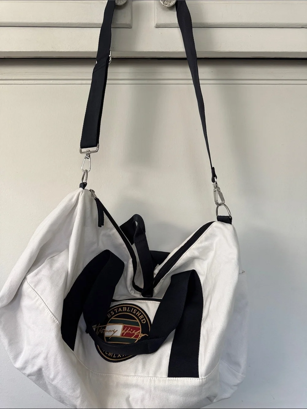 Tommy Hilfiger White Canvas Duffel with Black Straps and Signature Patch